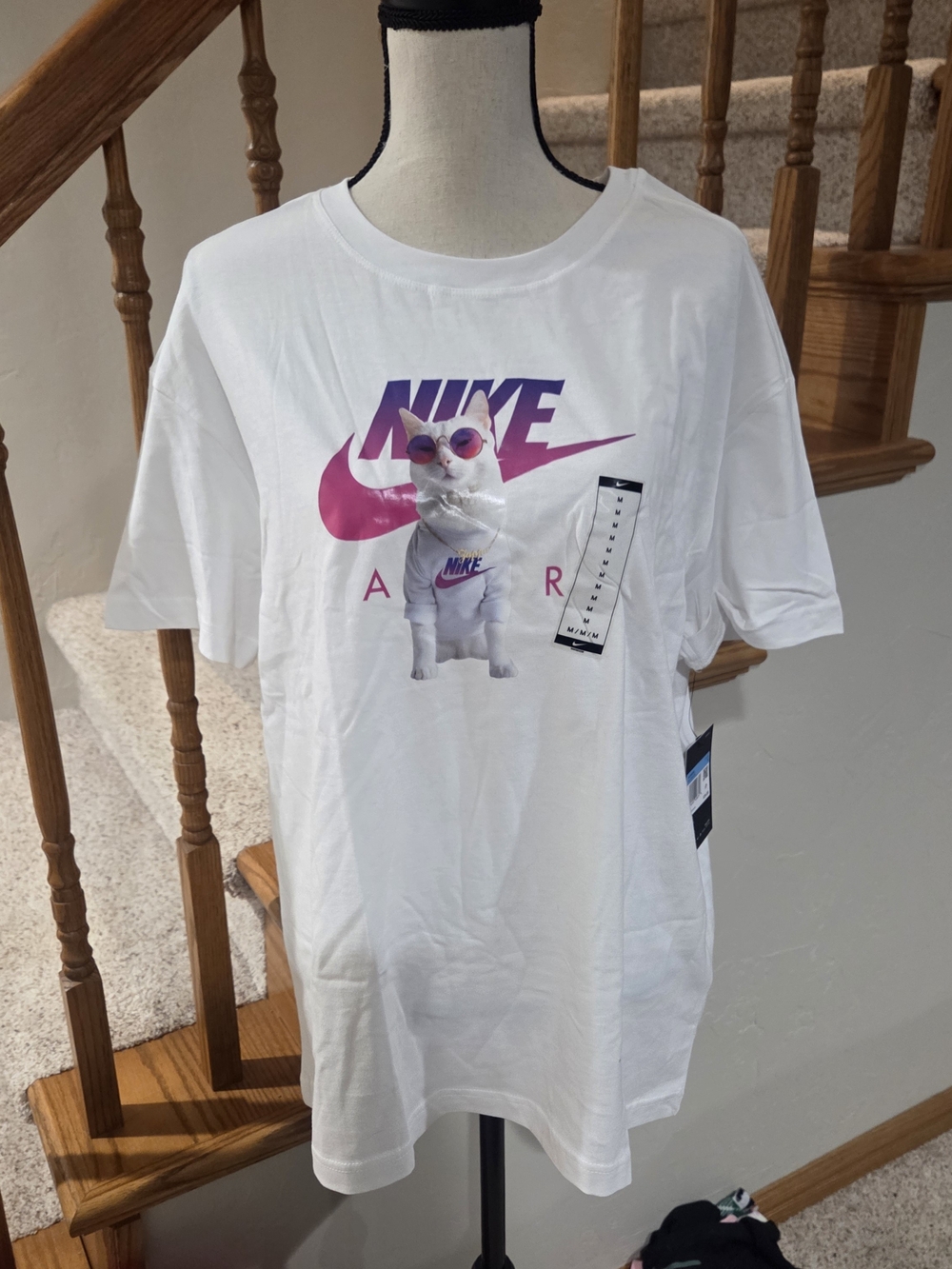 Nike White Short-Sleeve Tee with Pink & Purple Logo and Cat Graphic Medium